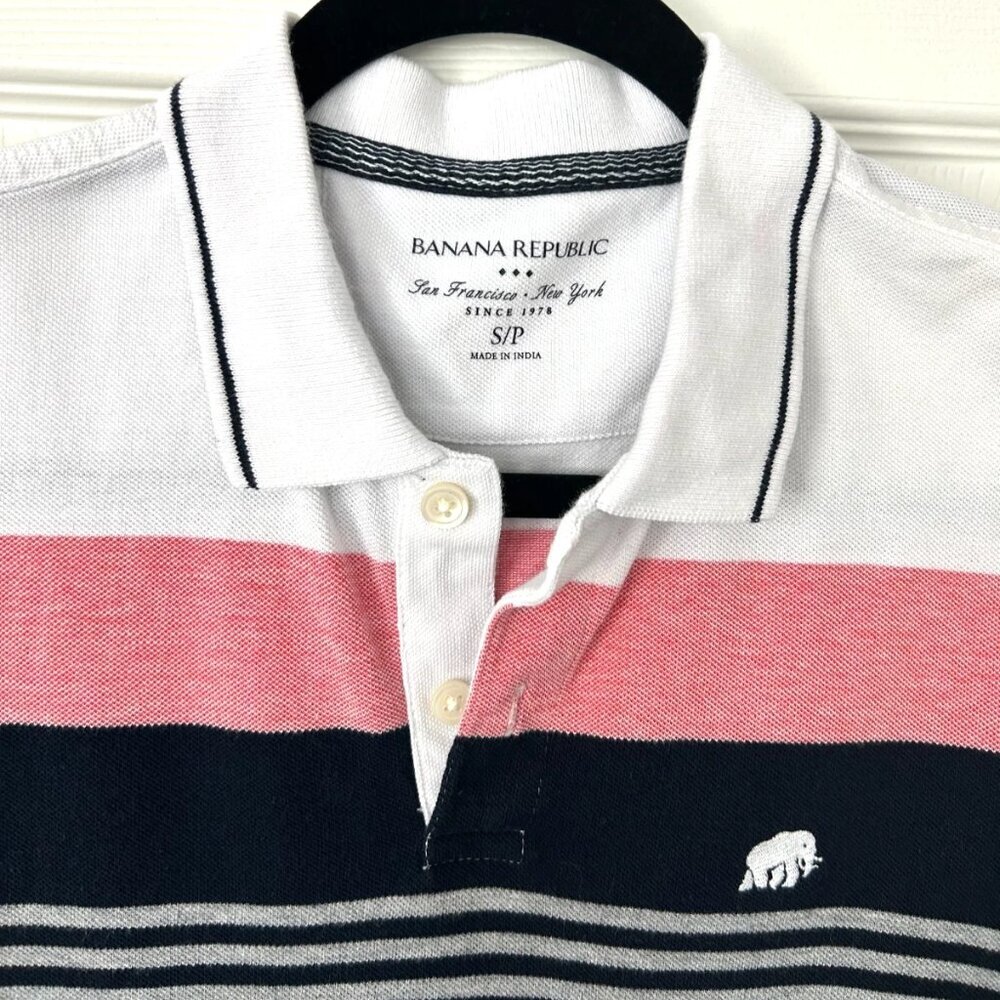 Banana Republic Men’s Striped Polo Shirt Size S Gray Navy Red White Cotton LOGO - Picture 4 of 5